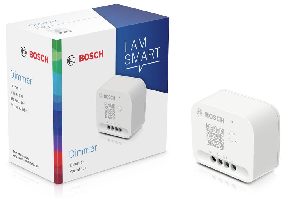 Un variateur Bosch avec un emballage qui décrit l'article comme 'I AM SMART'. Convient pour un contrôle d'éclairage intelligent.