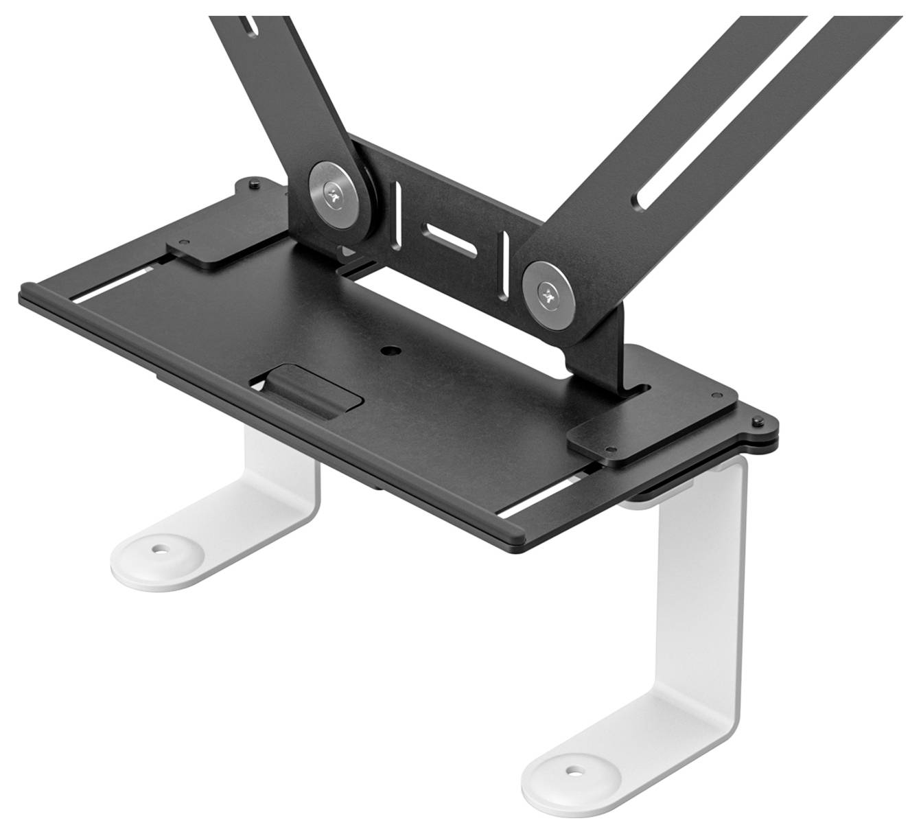 Support métallique pour boîtier d'ordinateur, fixé sous un bureau, doté de bras ajustables et de vis de fixation.