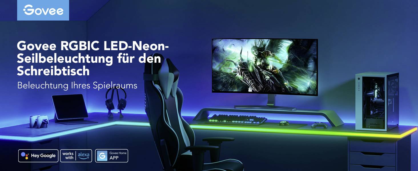 Éclairage néon LED RVB sur le bureau avec chaise de gaming et moniteur. L'éclairage crée une ambiance de jeu dynamique.