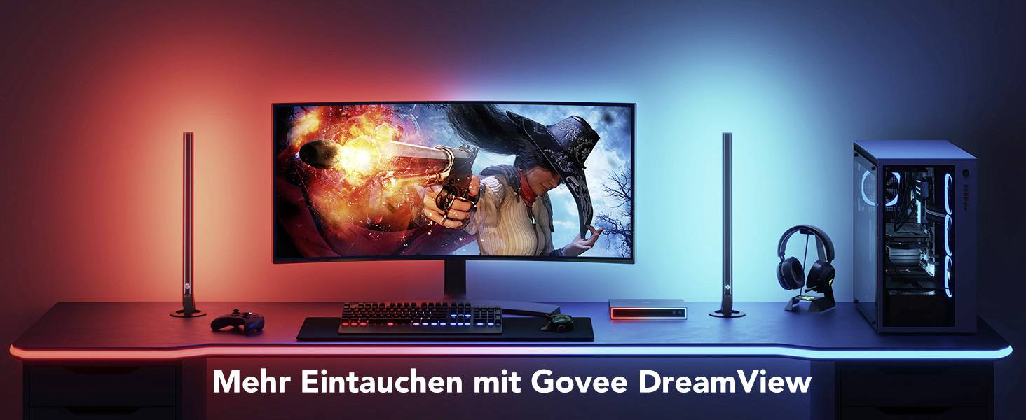 Bureau avec un moniteur incurvé affichant un jeu d'action. Éclairage d'ambiance en bleu et rouge ; Texte : 'Plus d'immersion avec Govee DreamView'.