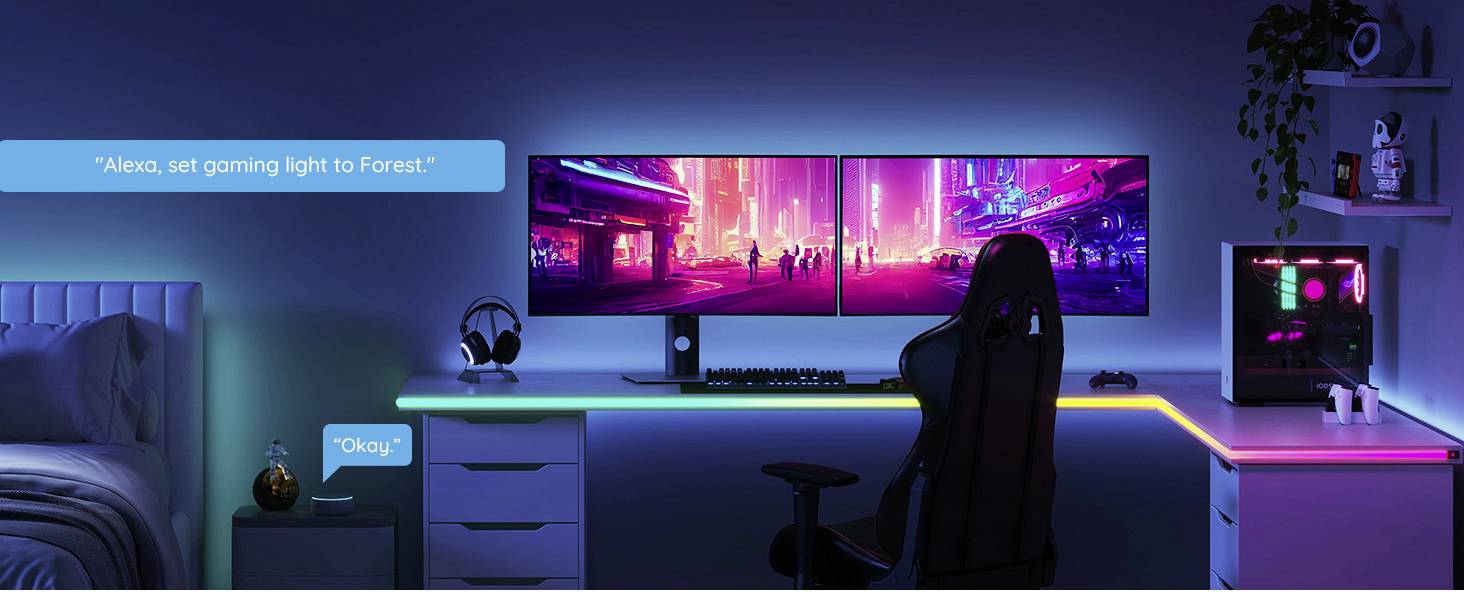 Bureau de gaming avec éclairage RVB, écran affichant un motif néon urbain. Commande vocale via 'Alexa' pour les paramètres d'éclairage.
