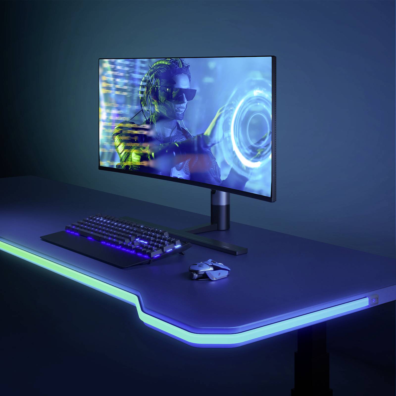 Bureau d'ordinateur avec éclairage LED bleu-vert. Sur l'écran, on peut voir une personne portant des lunettes et des écouteurs, entourée d'effets numériques.