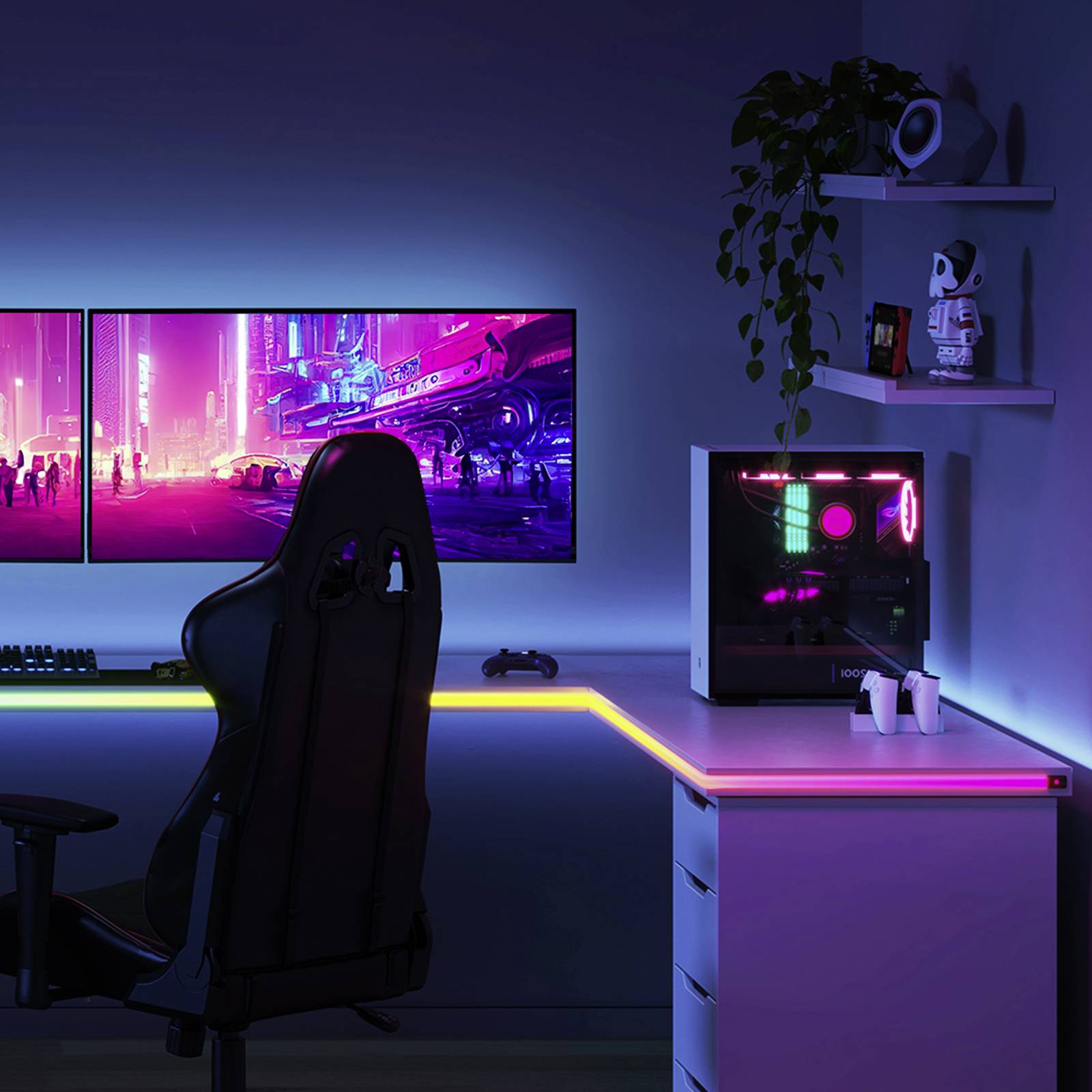Un bureau de gaming moderne avec un setup RGB éclairé. Trois écrans affichent une ville futuriste. Un fauteuil ergonomique est placé devant.
