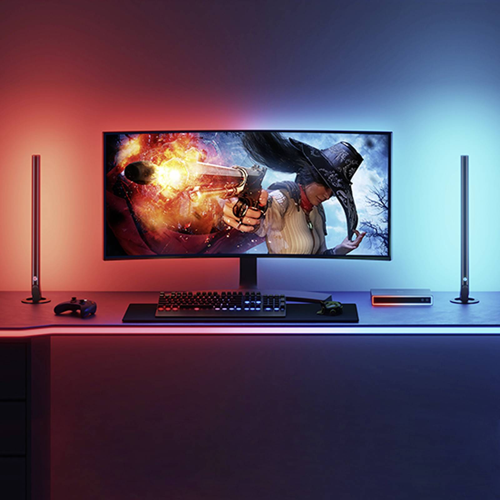 Un setup de jeu avec un écran rétroéclairé affichant un jeu d'action. Un clavier et une manette sont posés sur la table.