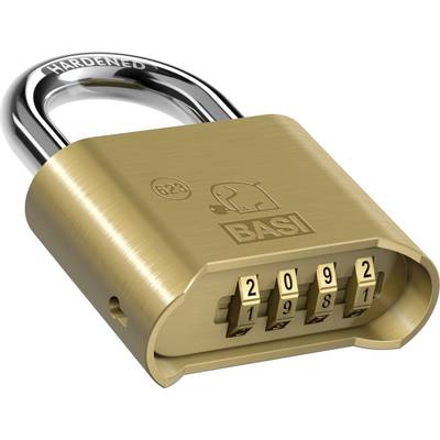 Image d'un cadenas doré avec une combinaison à quatre chiffres '2092', de la marque 'BASI', portant un logo en forme d'éléphant.