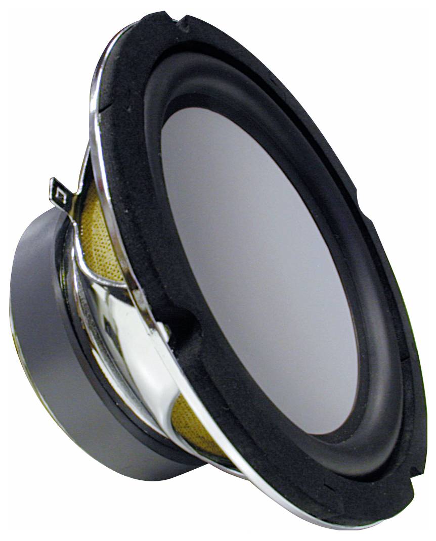 Un haut-parleur noir avec un bord argenté et un accent doré est montré de côté.