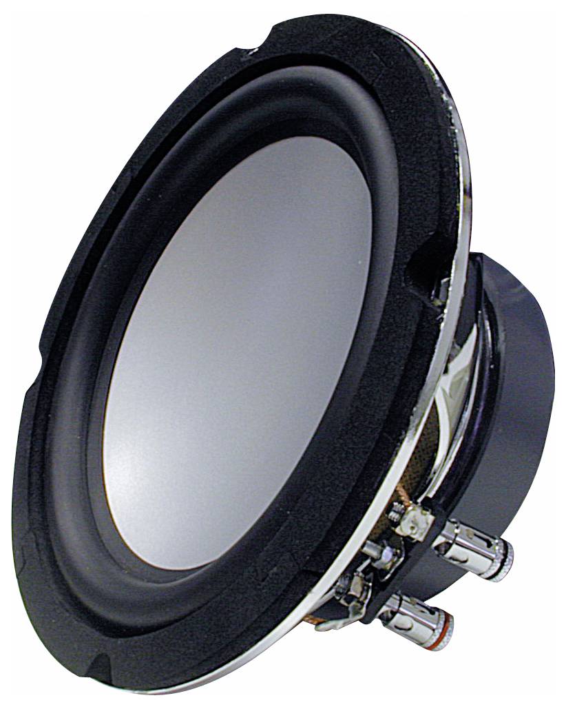 Un haut-parleur argenté avec un bord noir et deux bornes de connexion sur le côté.