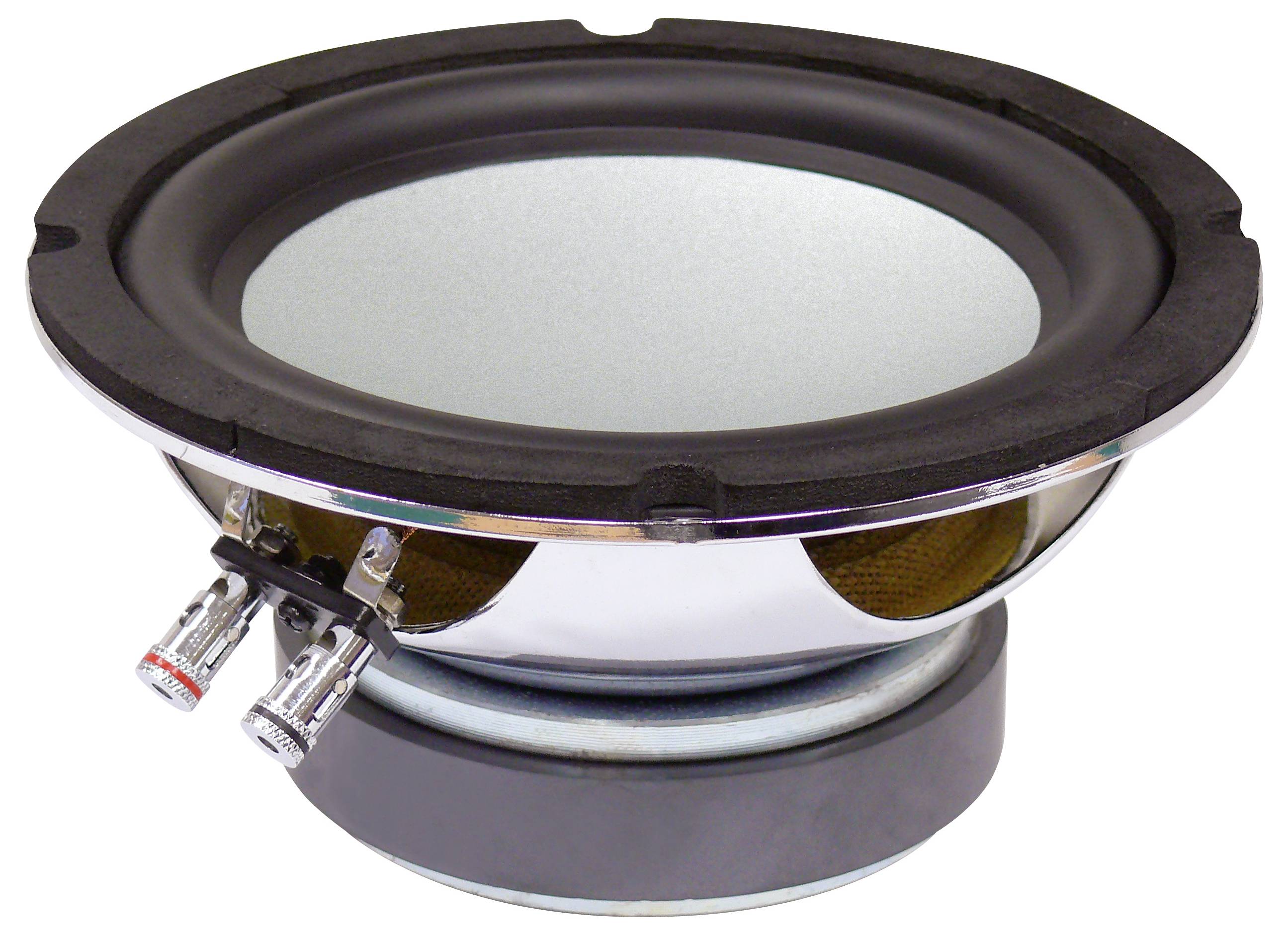 Haut-parleur de graves avec membrane argentée et connexions, vue de côté et de haut, pour systèmes audio.