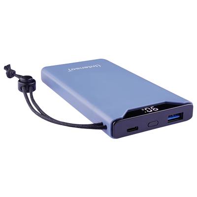 Powerbank bleue avec affichage numérique de charge et plusieurs ports, équipée d'une lanière de transport noire.