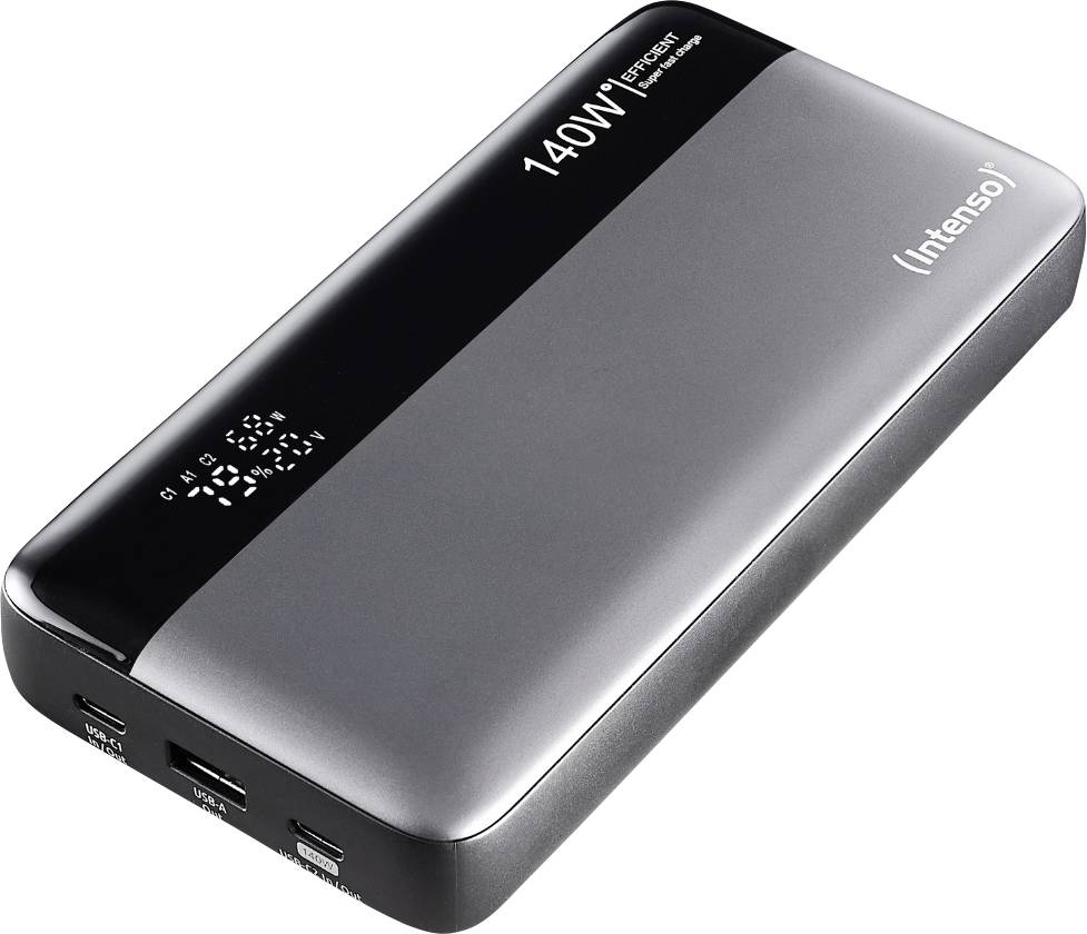 Batterie externe Intenso de 140W, design noir et argenté, avec plusieurs ports USB visibles.