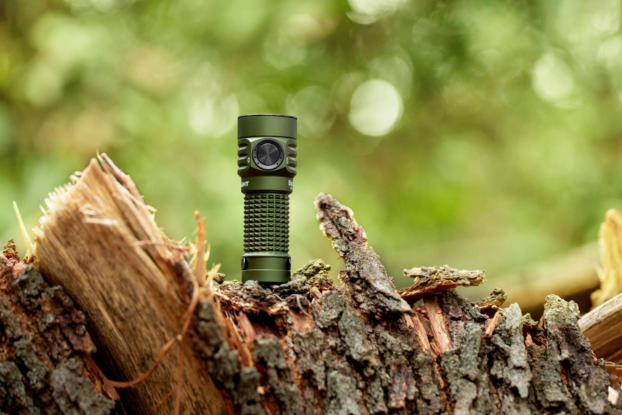 Une lampe de poche noire est posée sur un tronc d'arbre brisé dans la forêt, entourée d'un arrière-plan vert et flou.