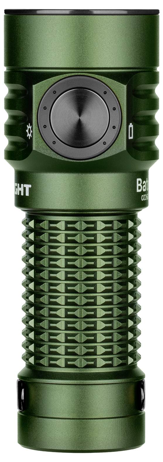 Lampe de poche verte avec une poignée texturée et un bouton noir au centre.