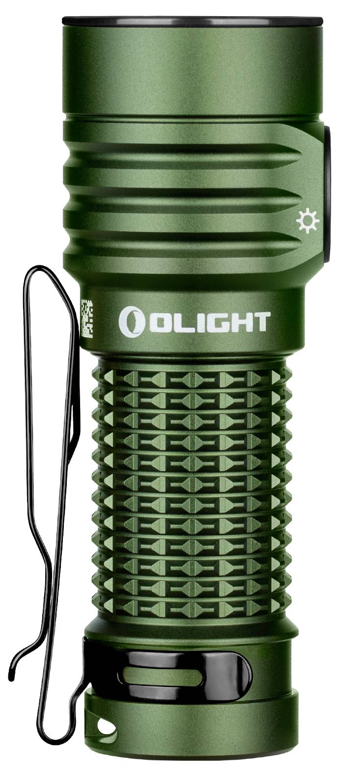 Lampe de poche verte avec motif texturé, clip latéral et logo de la marque. Idéale pour les activités de plein air et les voyages.