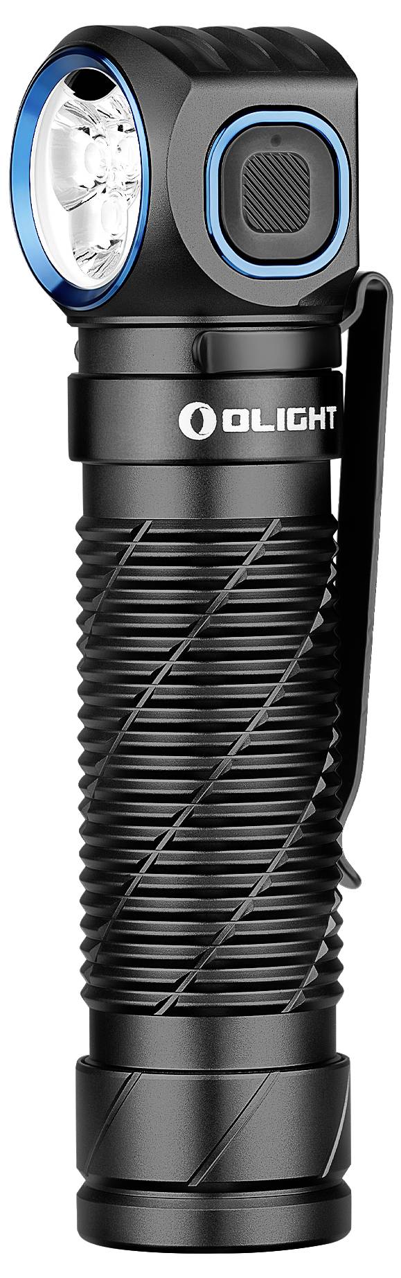 Lampe de poche noire avec poignée texturée et accent bleu autour de la tête lumineuse. Se tient droite avec une pince sur le côté.