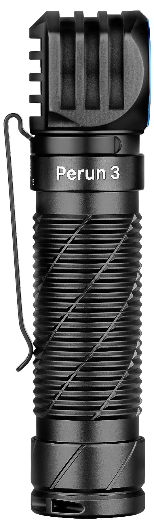 Lampe de poche noire compacte avec une structure de poignée striée et un clip. En haut est inscrit 'Perun 3'.