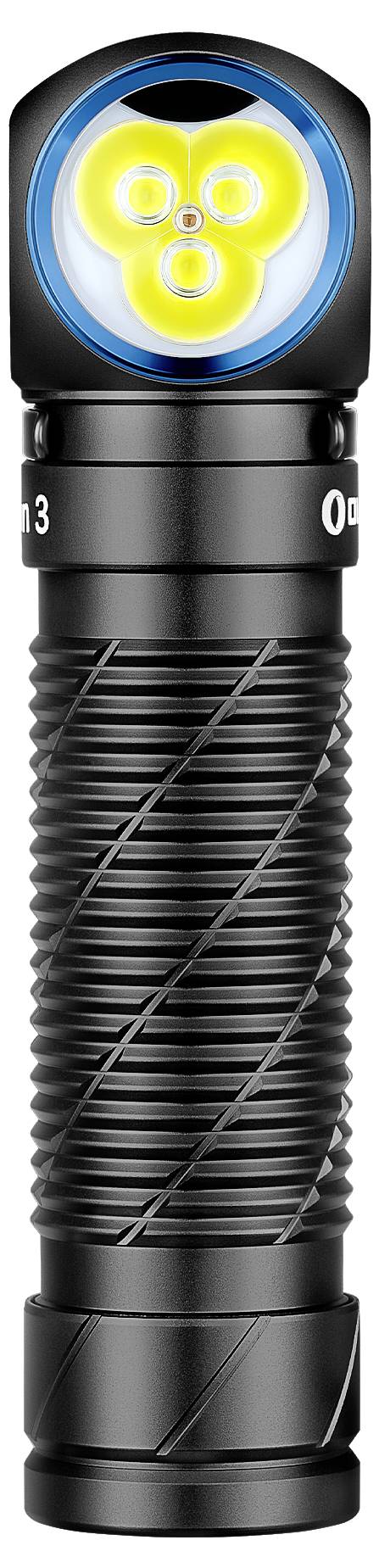 Une lampe de poche noire à trois lentilles lumineuses et avec une poignée texturée pour une prise en main sécurisée.