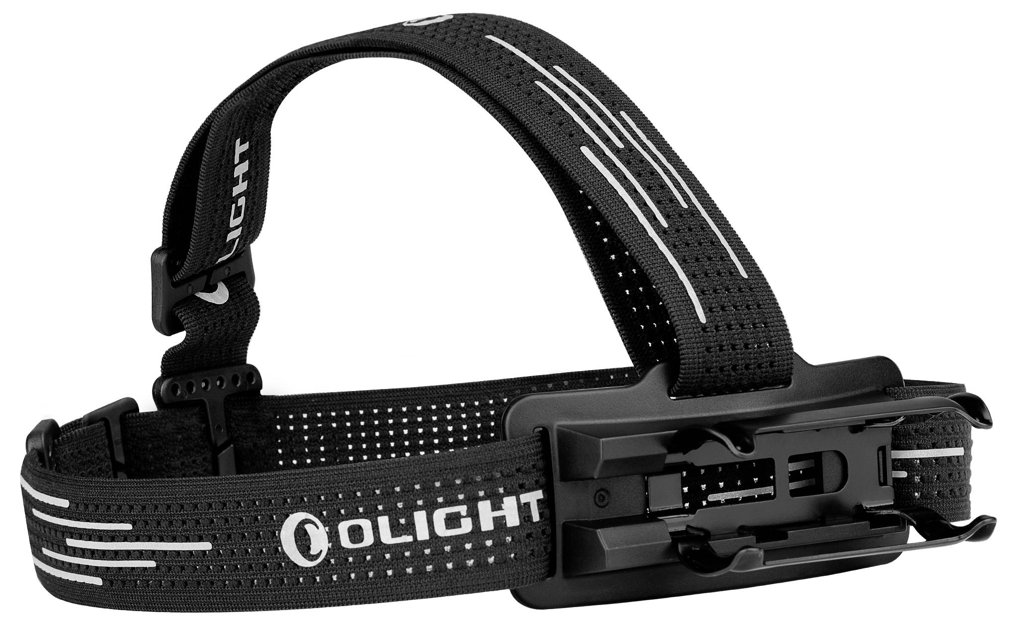 Un bandeau frontal noir de la marque 'OLIGHT' avec un bandeau réglable, adapté pour un éclairage mains libres.