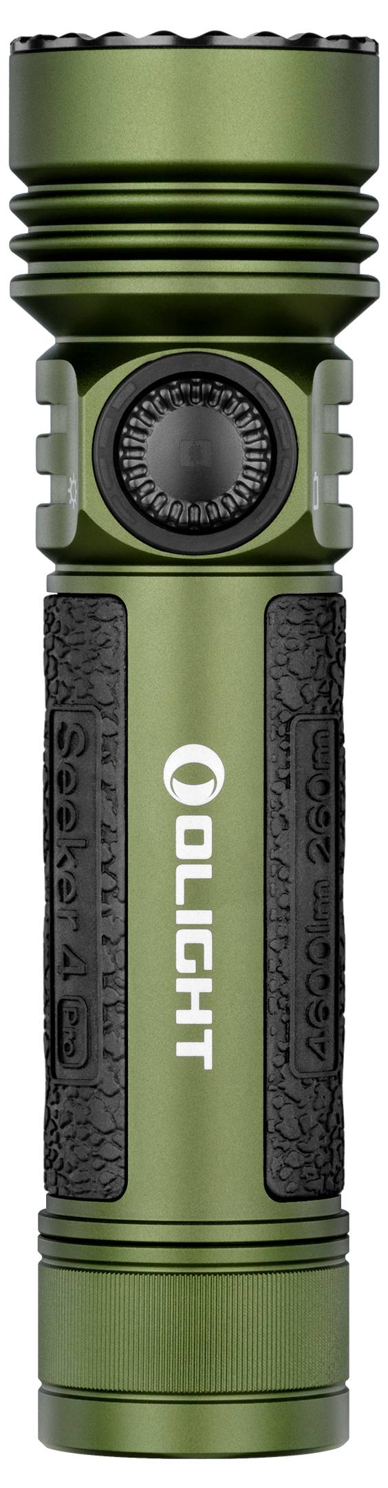 Lampe de poche verte avec des zones de préhension texturées et logo 'OLIGHT', orientée verticalement.