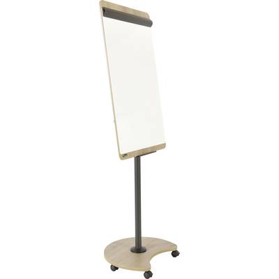 Un chevalet à hauteur réglable sur roulettes, avec une surface d'écriture blanche et un support stable noir. Idéal pour les présentations.