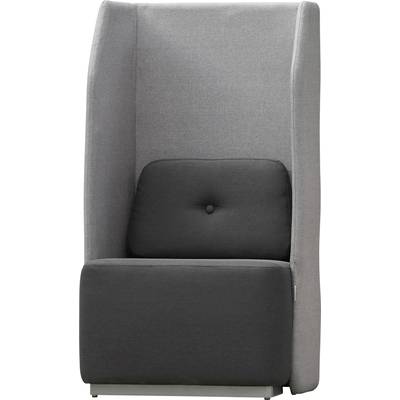 Chaise moderne grise et noire avec dossier haut et détail capitonné, autoportante, adaptée aux bureaux ou aux espaces de vie contemporains.