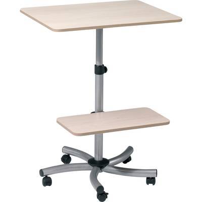 Une table réglable en hauteur, mobile, avec un plateau en bois et des pieds en métal sur roulettes, idéale pour des espaces de travail flexibles.