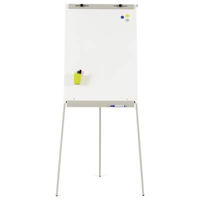 Un tableau à feuilles vierge avec des marqueurs et des aimants sur un support blanc.