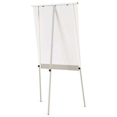 Un tableau à feuilles mobiles vide, monté sur trois pieds, est dressé verticalement. Il dispose d'une surface blanche destinée aux présentations ou aux annotations.