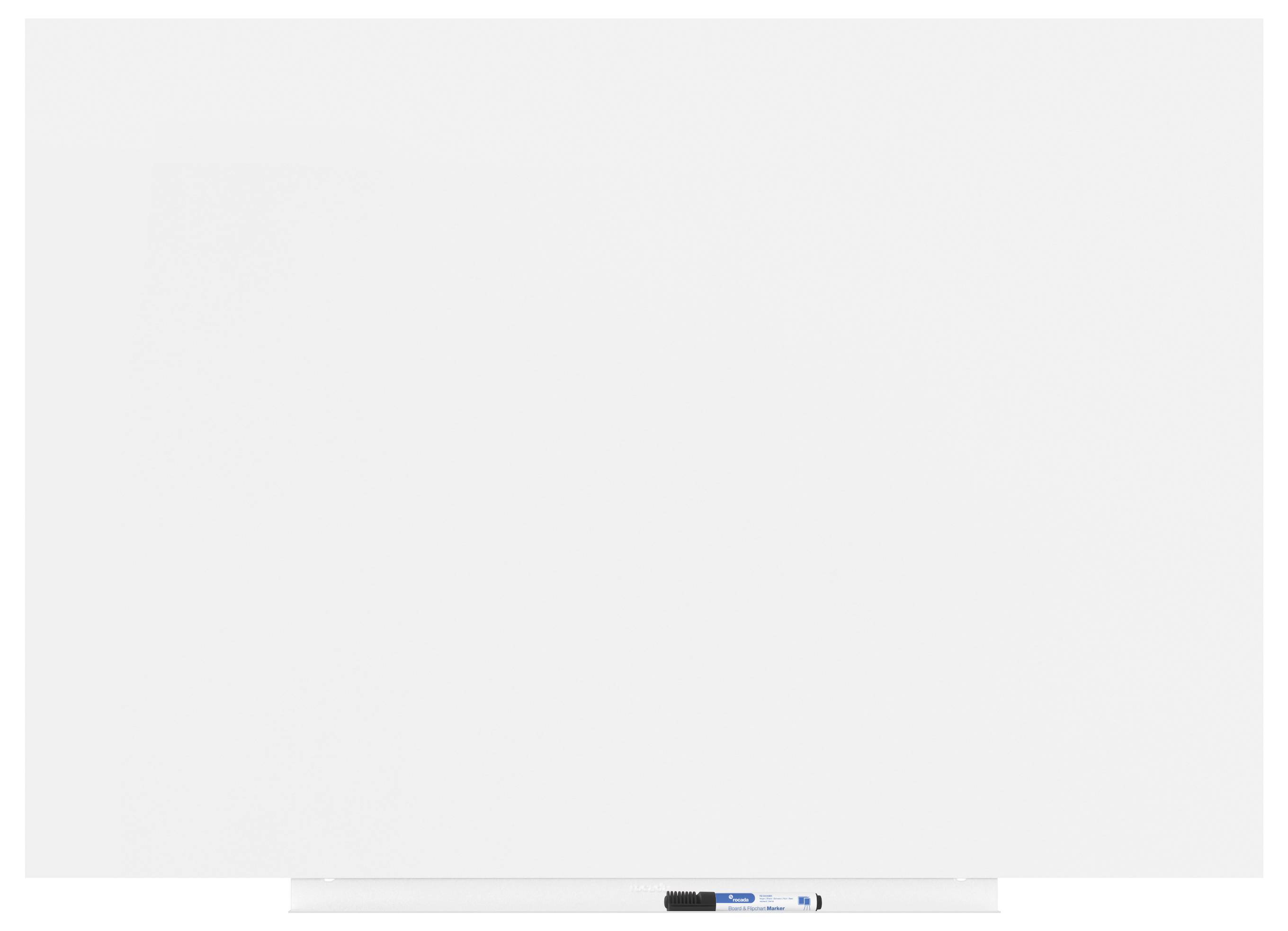 Un tableau blanc vierge avec un marqueur noir et un marqueur bleu en bas.