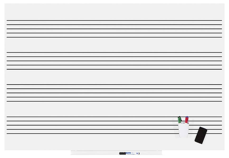 Tableau blanc magnétique avec portées musicales et support pour stylos. Comprend des marqueurs en trois couleurs. Idéal pour les cours de musique.