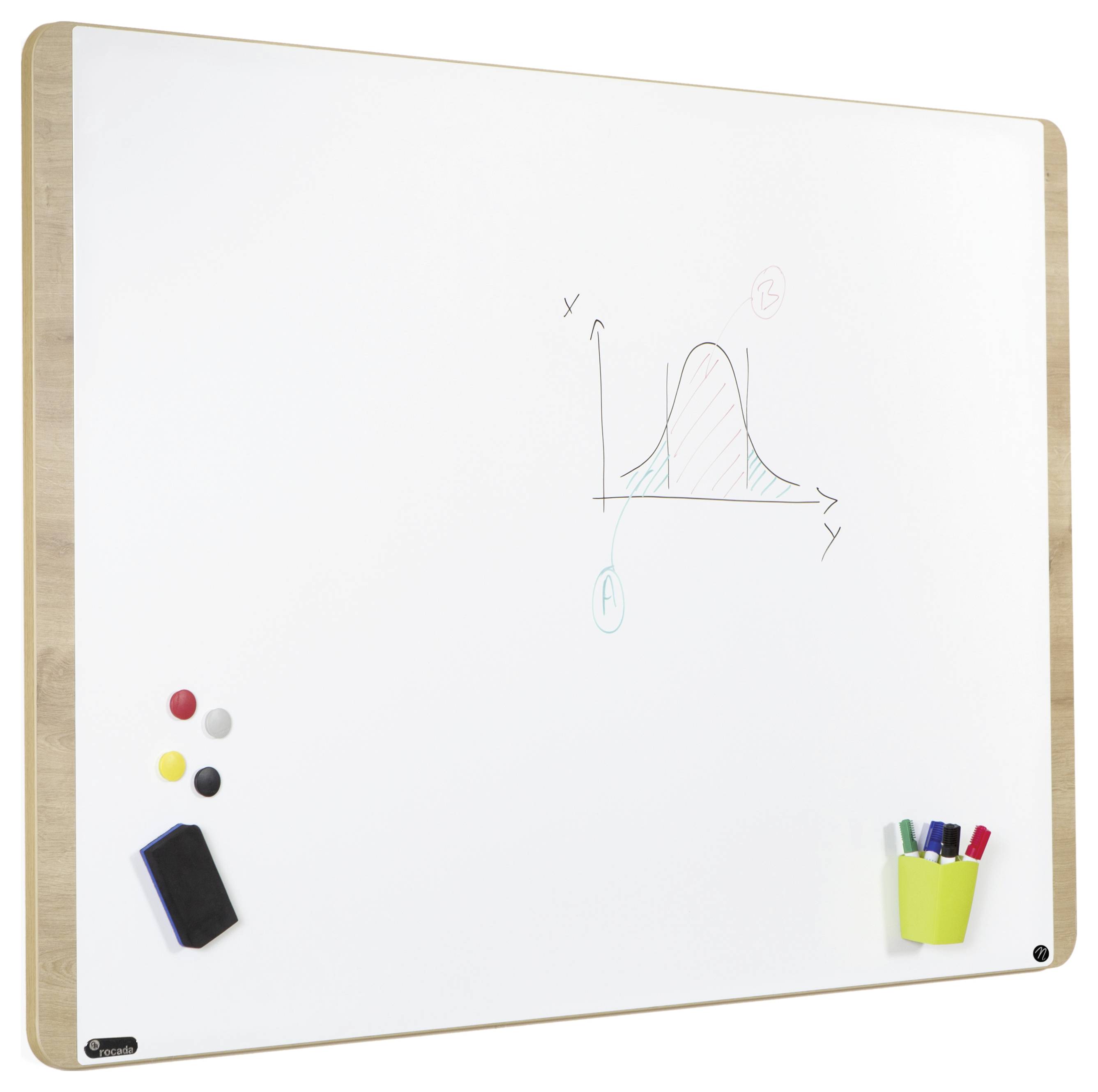 Un tableau blanc avec un diagramme dessiné représentant une courbe en cloche avec les axes x et y. En bas à gauche, des aimants et une éponge sont accrochés.