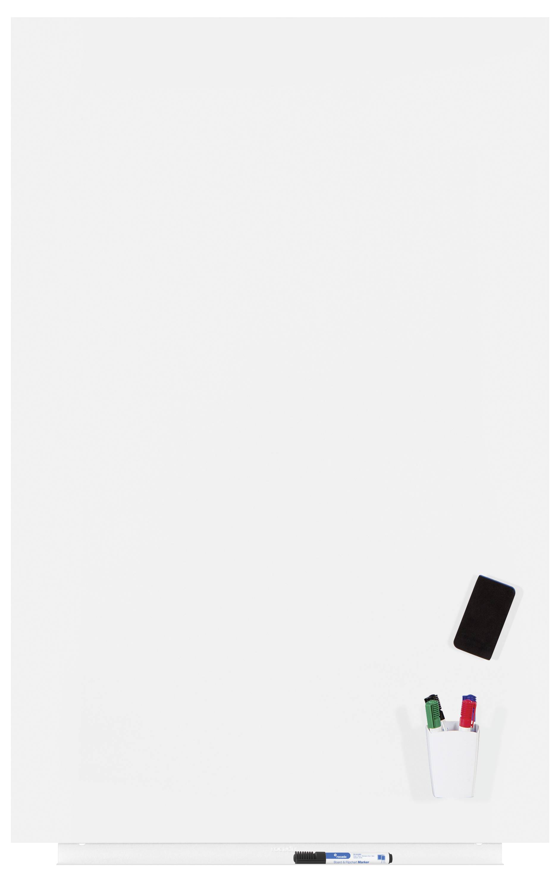 Un grand tableau blanc vide avec deux marqueurs colorés et un smartphone dans le coin inférieur droit.