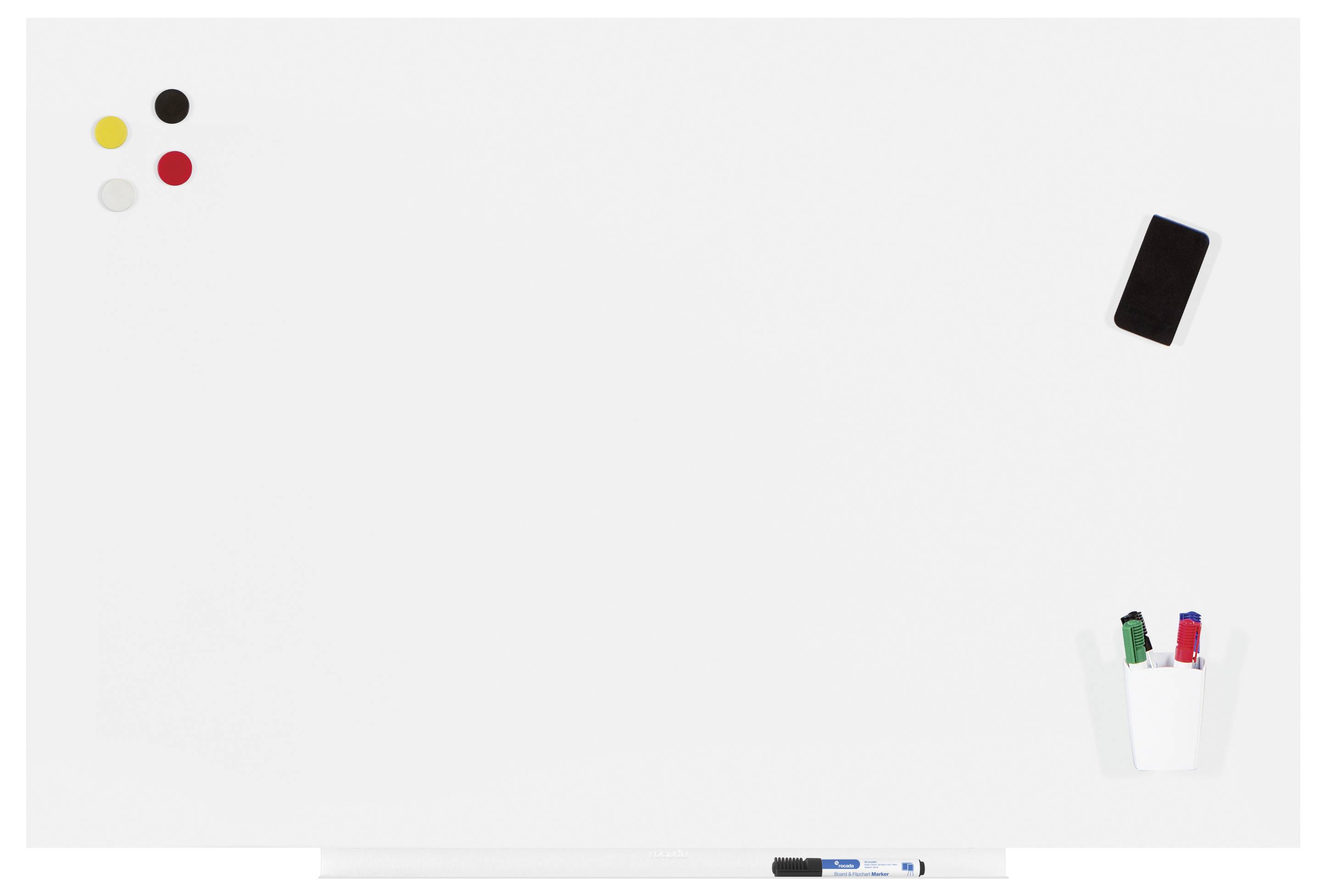 Tableau blanc avec trois aimants ronds en noir, jaune et rouge en haut à gauche, un téléphone portable en haut à droite et un gobelet de stylos en bas à droite.
