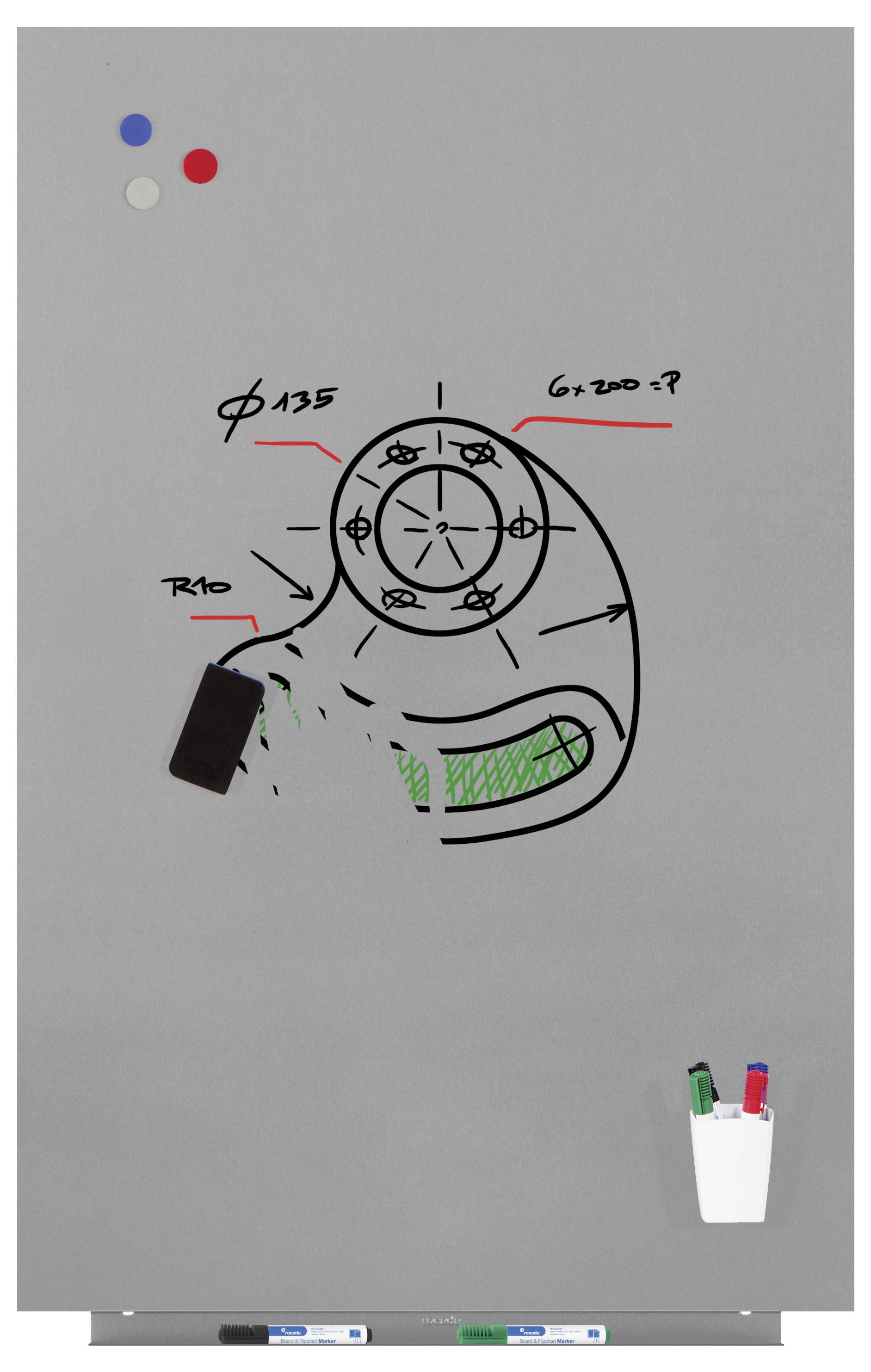 Dessin technique sur un fond gris, représentant des formes géométriques et des dimensions. En haut à gauche, deux aimants, en bas à droite, deux stylos dans leur support.