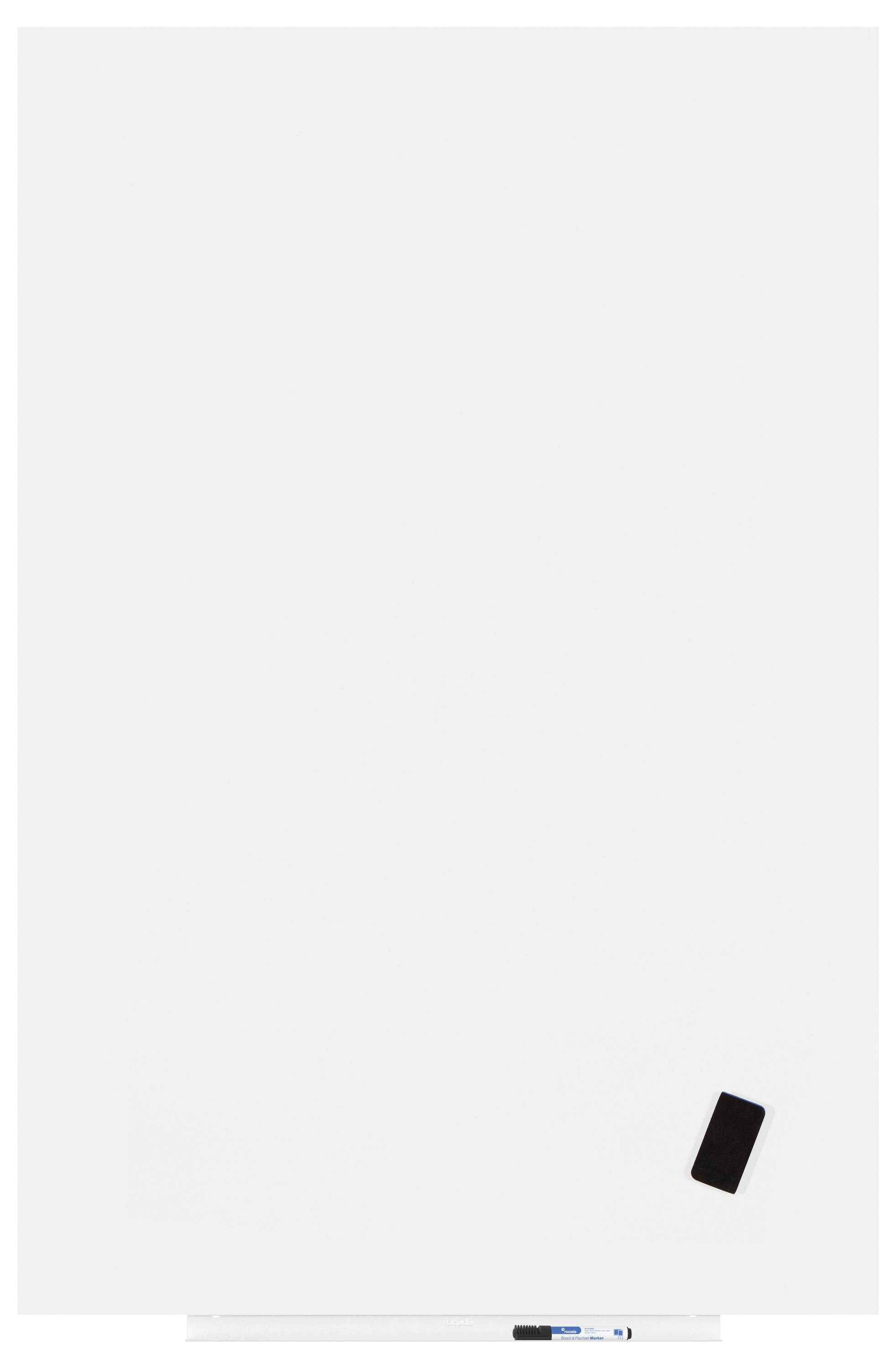 Tableau blanc avec un stylo noir et une gomme noire dans le coin inférieur droit.