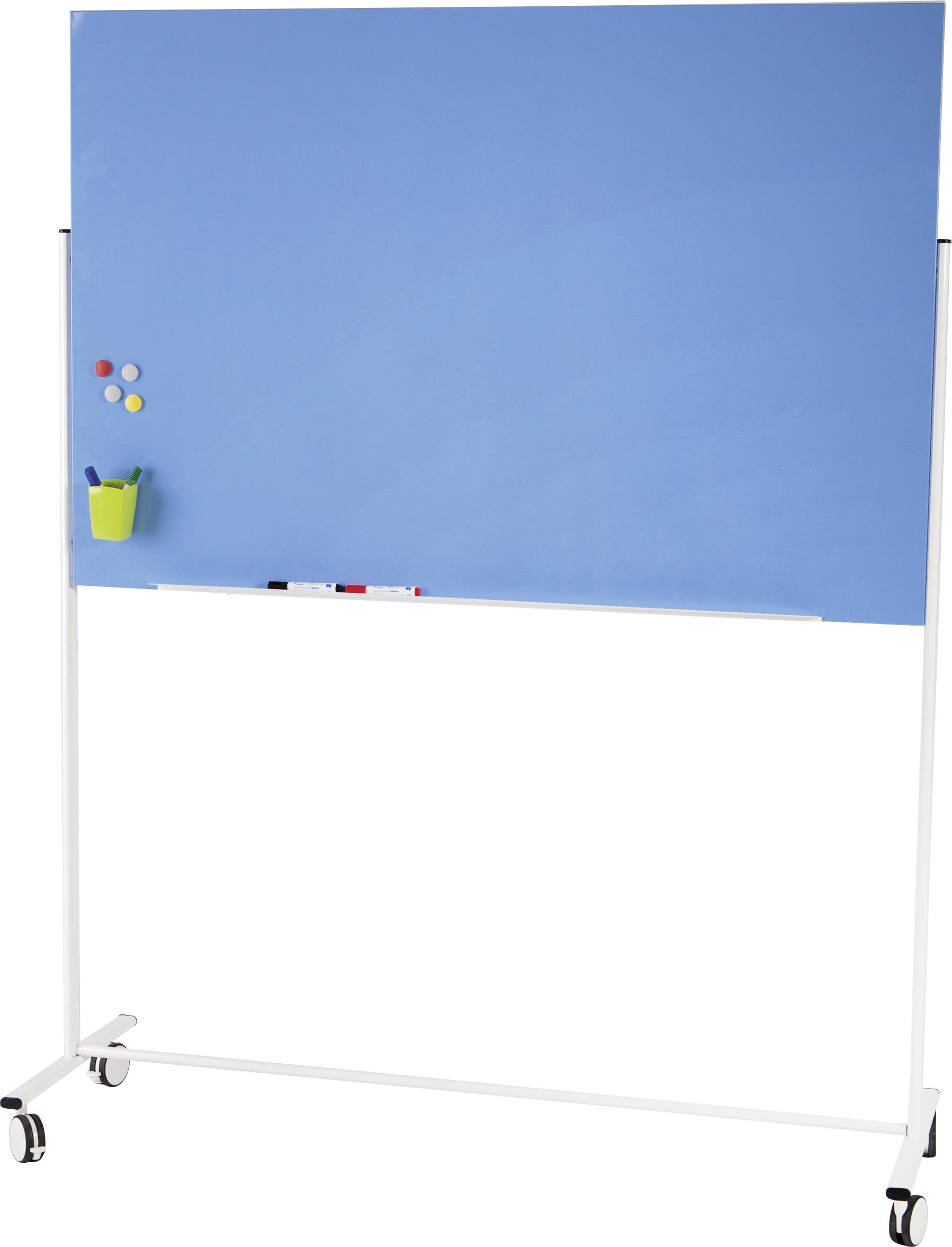 Un tableau blanc vide et bleu sur roulettes. Sur le côté gauche sont fixés des aimants colorés et un gobelet vert contenant des marqueurs.