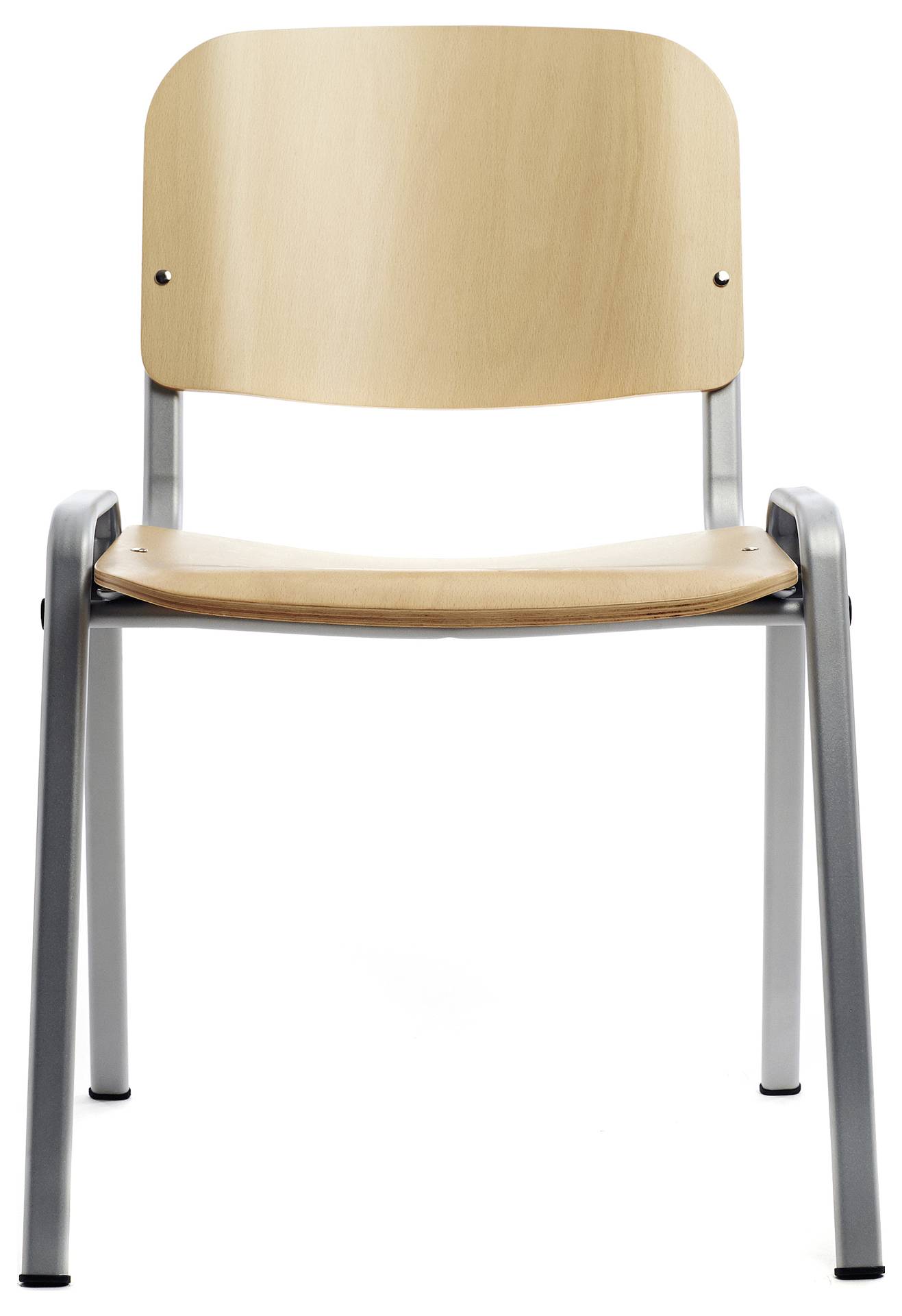 Une chaise simple en bois avec des pieds en métal, photographiée de face, sans environnement visible.