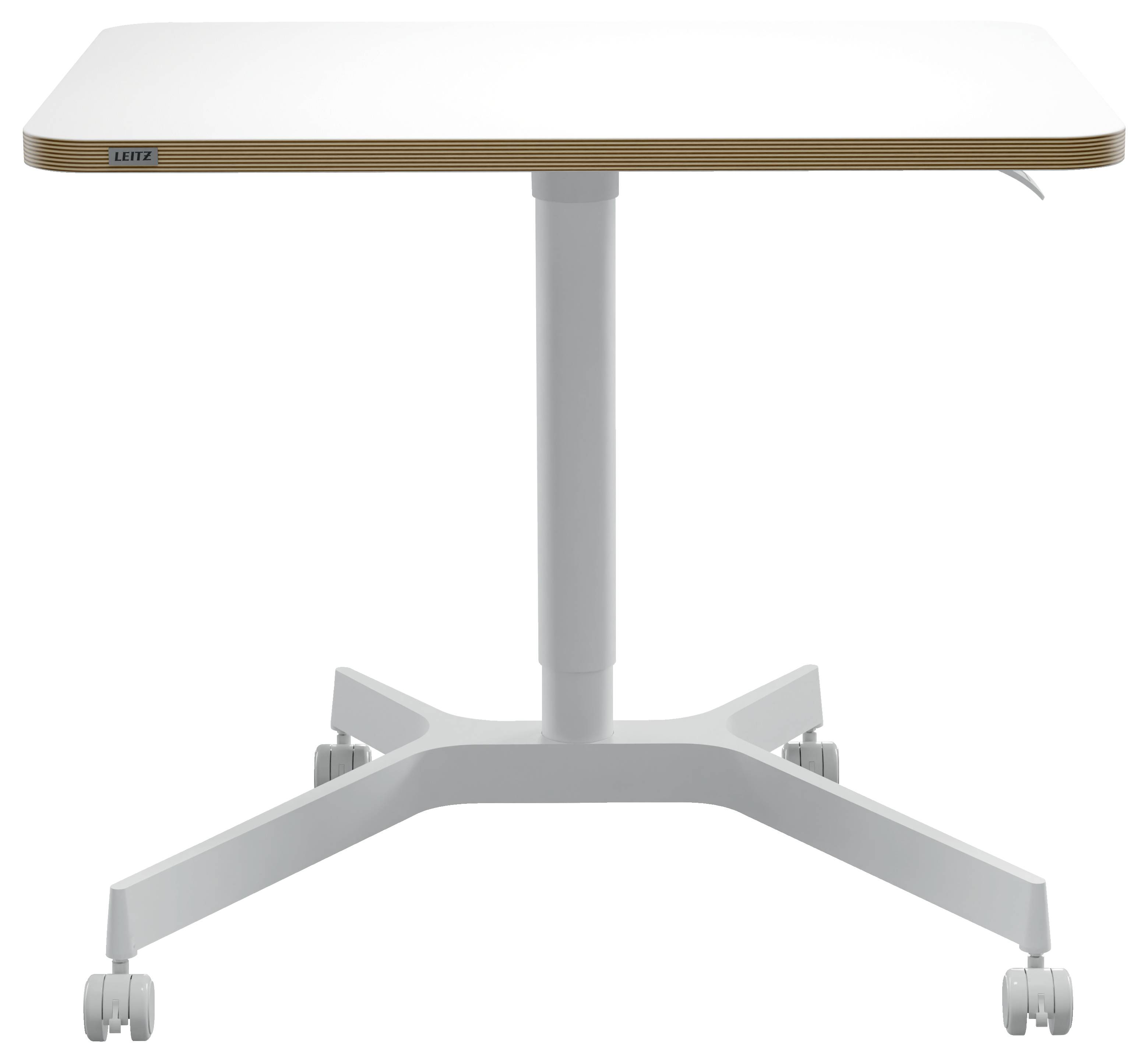 Une table blanche, rectangulaire, montée sur quatre roues, à hauteur réglable et au design simple et moderne. Idéale pour des espaces de travail flexibles.
