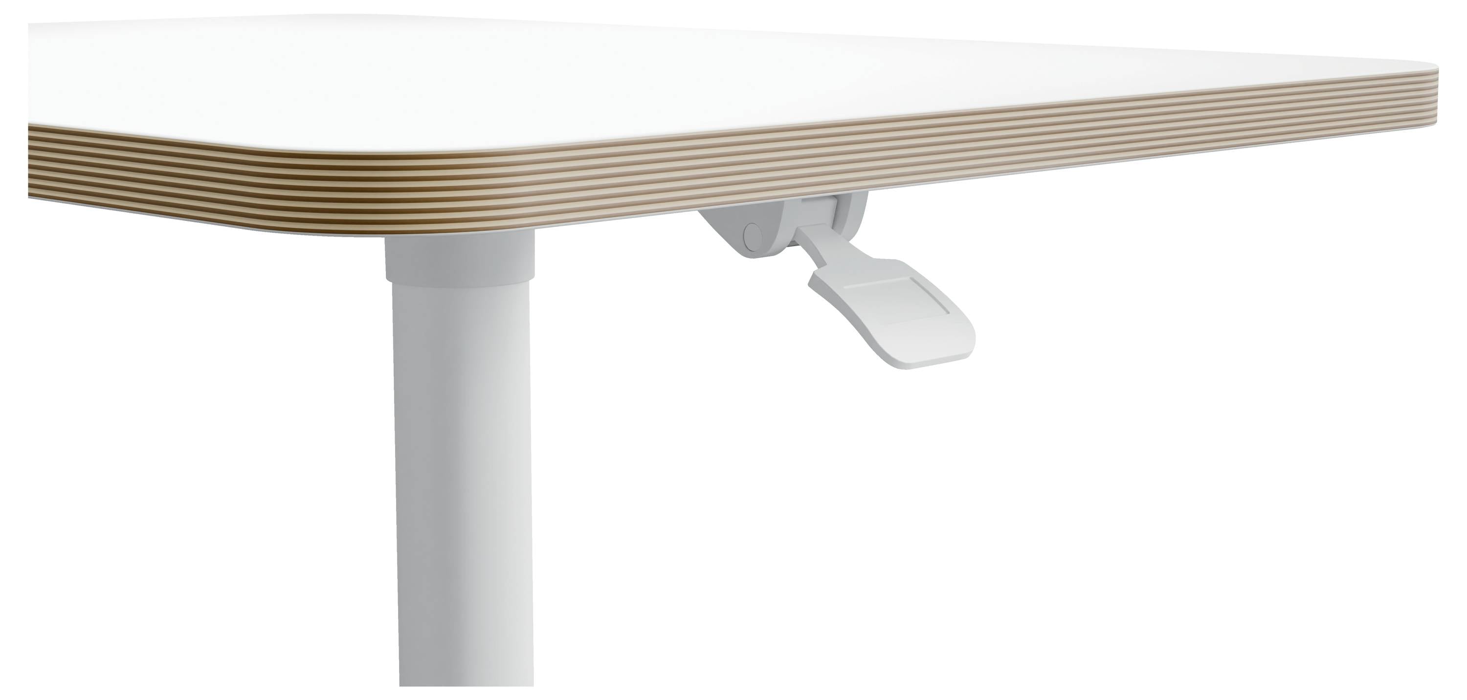 Une table à hauteur réglable avec un plateau blanc aux bords arrondis et un levier permettant d'ajuster sa hauteur.