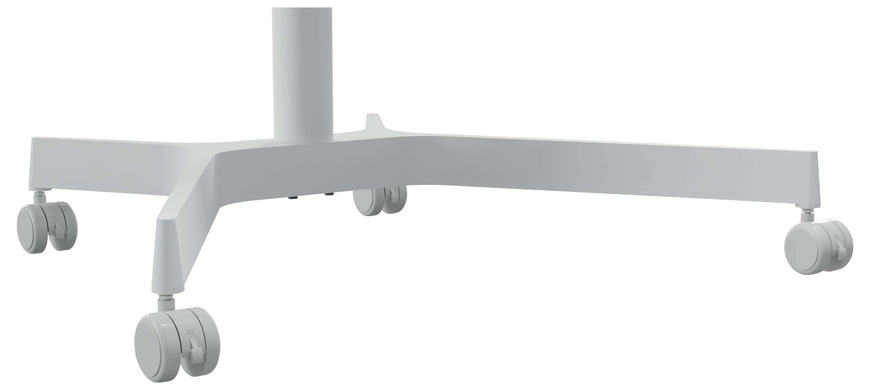 Une jambe de chaise grise à quatre pieds, équipée de roulettes, sur un fond blanc.