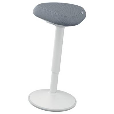 Un tabouret gris avec une assise ronde et une base réglable en hauteur blanche reposant sur un socle stable. Idéal pour des options d'assise flexibles.