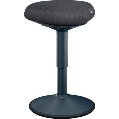 Un tabouret moderne à hauteur réglable avec une assise rembourrée grise et un châssis en métal noir, reposant sur une base ronde.