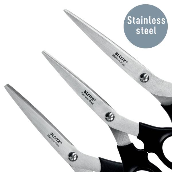 Une paire de ciseaux de cuisine noirs avec des lames en acier inoxydable, sur lesquelles sont inscrits 'LEITZ' et 'Stainless Steel'. Idéale pour des coupes précises.