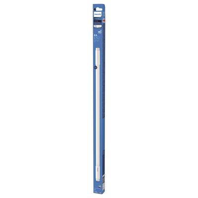 Emballage d'un tube LED, 60 cm, 8 W, 850 lumens, blanc froid. Boîte rectangulaire bleue avec détails du produit et logos de marque.