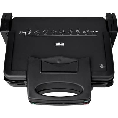 Un grill de contact noir avec des symboles de temps de cuisson en haut. Idéal pour des préparations comme des sandwichs, de la viande et des légumes. Logo de la marque au centre.