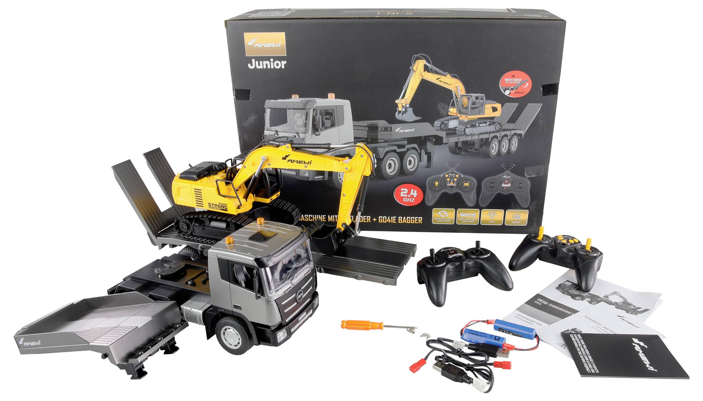 Ensemble de camions jouets avec pelleteuse télécommandée et accessoires, présenté avec ses commandes et instructions, avant emballage.