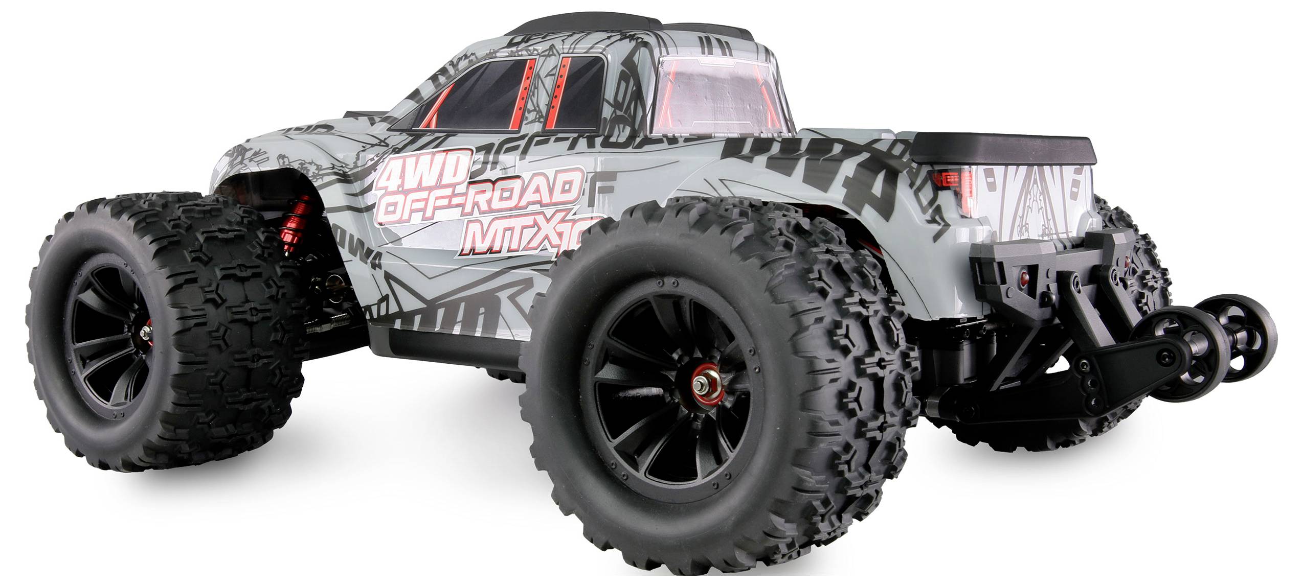 Un véhicule télécommandé tout-terrain avec de grandes roues robustes et l'inscription « 4WD Off-Road » sur le côté.
