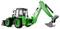 Un chargeur-pelleteuse vert avec un godet et un bras de fouille, montrant une construction robuste. L'accent est mis sur la polyvalence de l'engin de travail.