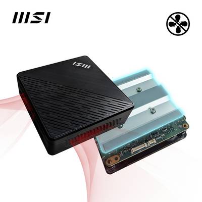 Mini-PC compact noir MSI avec icône de ventilateur. Ouvert pour révéler des composants internes bleus rétroéclairés. Design moderne.