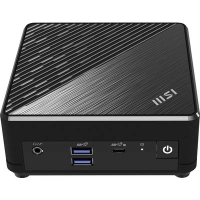 Un mini-PC compact noir avec des ports USB et un interrupteur marche/arrêt à l'avant, présentant des motifs de lignes diagonales sur le dessus.