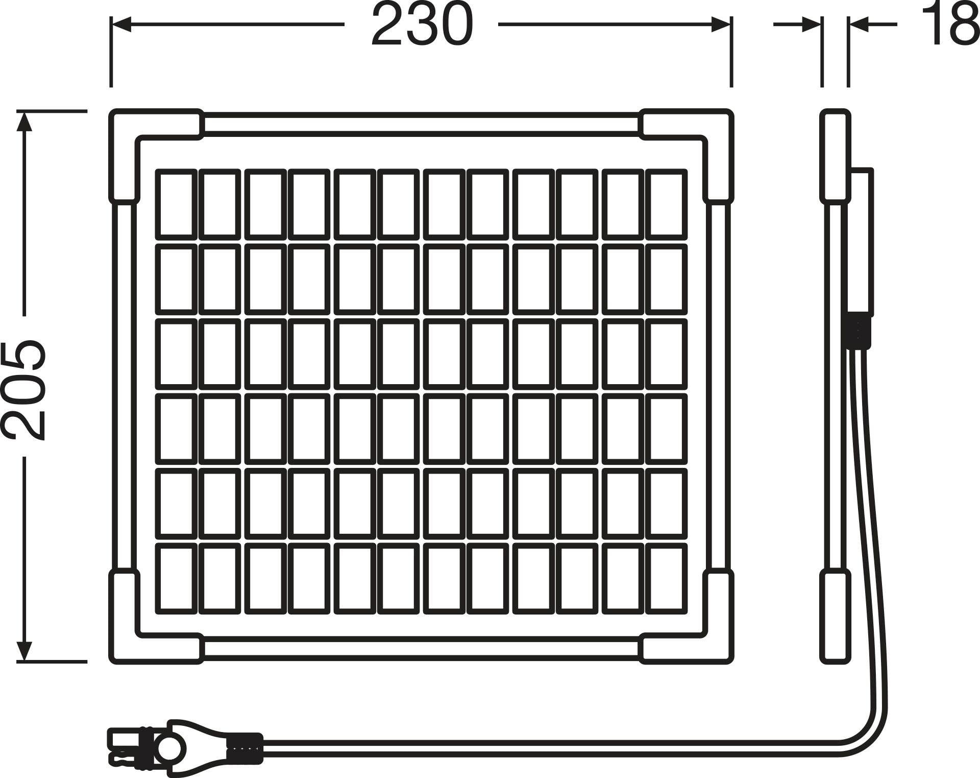Dessin technique d'une grille rectangulaire mesurant 230 mm x 205 mm x 18 mm, raccordée à une connexion de câble.